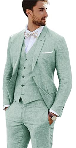 Furuyal Leinenanzug, 3-teilig, Vintage-Retro-Stil, Hochzeit, Abschlussball, Anzüge, schmale Passform, Jacke, Blazer, Bräutigam, Smoking
