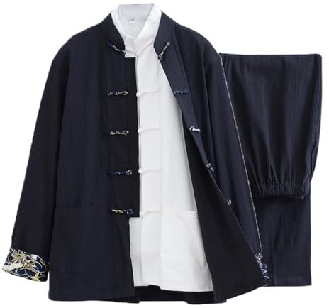 Kampfsport-Anzug aus Baumwollleinen, traditionelle chinesische Kleidung, Herren, Tang-Anzug, Kung-Fu-Uniformen, 3er-Set, Tai-Chi-Zen-Meditationskleidung, Mantel, Tops, Hosen, Schwarz , XXXXX-Large
