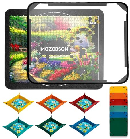 MOZOOSON Puzzlebrett 500 Teile mit 6 Sortierschalen, Tragbare Puzzlematte mit Transparenter Wasserdichter & Staubdichter Abdeckung, Puzzle Board für Puzzle 300 Teile Kinder, Puzzleaufbewahrung/Saver