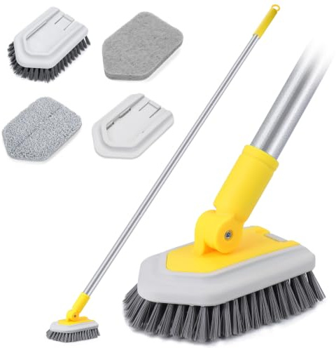 3-in-1 Bad Schrubber mit 128cm Langem Stiel für Dusche, Fliesenreiniger | Badezimmer Reinigungsbürste mit Borstenbürste, Schrubbtuchpad und Microfaseraufsatz von Boden, Wand, Badewanne