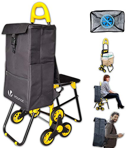 VOUNOT Einkaufstrolley Treppensteiger mit Kühlfach und Klappsitz, Einkaufswagen Klappbar mit 3 Räder, 40 L, 104 * 59 * 43cm
