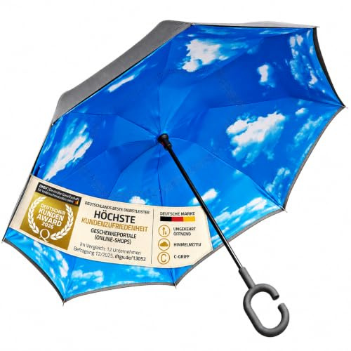 GOODS+GADGETS® Umgedrehter Regenschirm mit blauem Himmel und C-Griff für freie Hände; Invert-Stockschirm Schlauer Regen-Schirm mit 105cm Durchmesser