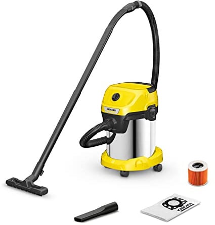 KÄRCHER Nass-/Trockensauger WD 3 S V-17/4/20, inkl. Patronenfilter, Vliesfilterbeutel, 1.000 W, 2 m und Schlauchaufbewahrung, Blasfunktion, Boden- und Fugendüse, Schwarz, Gelb