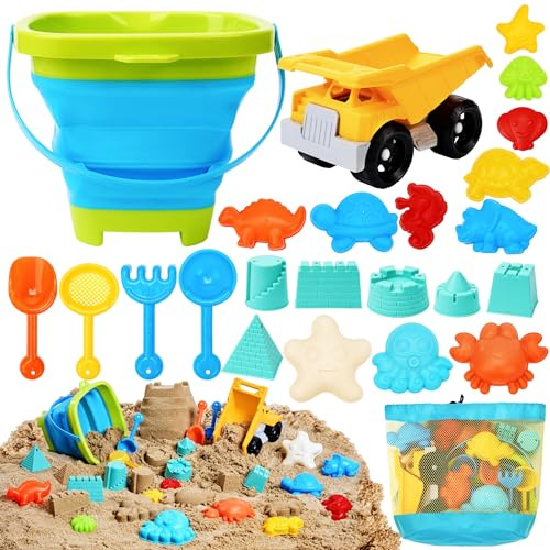 Sloosh Strand-Sandspielzeug-Set Auto-Spielzeug mit Sandformen für Kleinkinder zum Spielen im Freien, zusammenklappbare Eimer, Tiere, Sandkastenspielzeug für Kinder (Tiere)