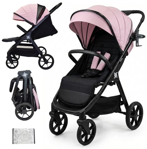 Twinly Spacely Buggy bis 25kg - Leichter Reisebuggy klein zusammenklappbar mit Liegefunktion | Kinderwagen All-Terrain, Große Räder, XXL Verdeck, Sportwagen inkl. Regenverdeck & Becherhalter (Rosa)