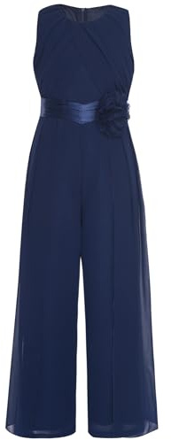 Alvivi Mädchen Jumpsuit Sommer Lang Overall Festlich Hosenanzug Chiffon Weites Bein Hose mit Blumen Taillengürtel Hochzeit Geburtstag Party Outfits Marine Blau 170-176
