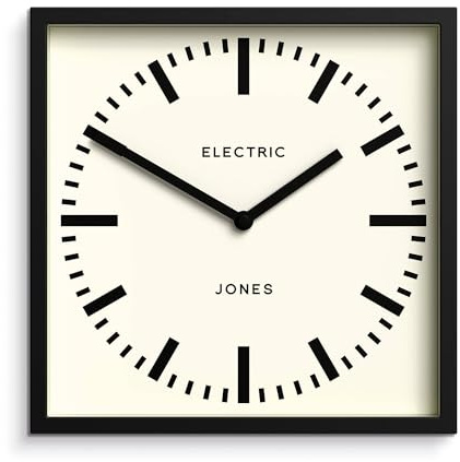 JONES CLOCKS® Box Railway Wanduhr | Quadratische stationsuhr | 25 cm | Schwarz | Cooler Designer-Look für küche, Wohnzimmer oder büro