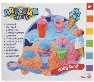 Simba Art & Fun Spielsand Eiscreme Set – 3x 200 g bunter Magicsand mit 4 Eisbechern, Portionierer & Zubehör, Sandspiel zum Formen von Eiskugeln, Kreativspielzeug ab 3 Jahren