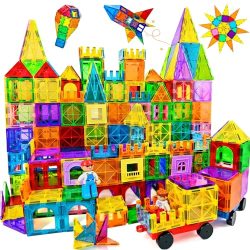120pcs Magnetische Bausteine Spielzeug mit 2 Magnetfiguren und 2 Autos | Magnetbausteine für 3 4 5 6 7 Jahre kinder, Montessori Magneten Set Spielzeug Geschenk für Kinder ab 4-8 Jahre Junge Mädchen
