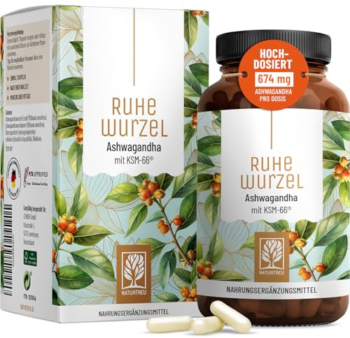 NATURTREU® Ashwagandha KSM-66® hochdosiert 120 Kapseln - 600 mg Ashwagandha pro Tag - Komplex aus Ashwagandha-Wurzelextrakt & Ashwagandhawurzelpulver - 5% Withanolid-Gehalt - Vegan