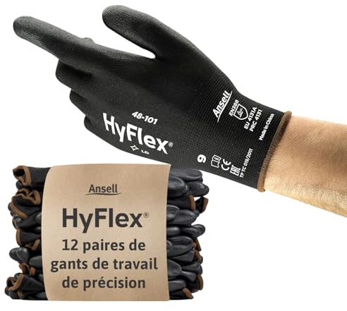 Ansell HyFlex 48-101 Dünne Arbeitshandschuhe mit PU Beschichtung, Leichte Schutzhandschuhe für Präzises Arbeiten, Heimwerk, Montage, Handschuhe Herren Damen, Schwarz, Größe M (12 Paar)