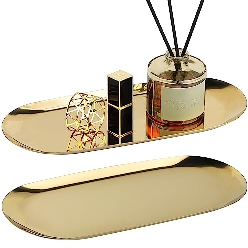 EXLECO 2 Badzimmer Deko Tablett Gold Servierplatte Mini Bad Dekotablett | Edelstahl Serviertablett Schmuckschale Kerzentablett, Oval, Ablageschale für Schmuck, Kerzen, Waschtisch, Badewanne, Toilette