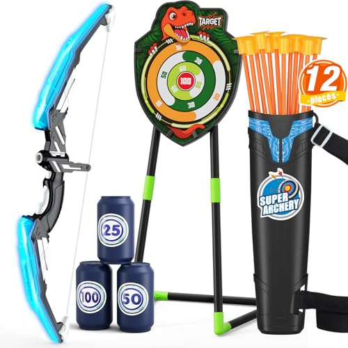 HYES Pfeil und Bogen Spielzeug für Kinder Bogenschießen Set mit 1 Bogen, 12 Saugnapfpfeile, 1 Stehend Ziel, 1 Pfeilhalter & 3 Score Ziele, Indoor Outdoor Spielzeug Geschenk für Jungen Mädchen, Blau