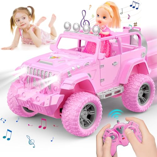 HappyGoLucky Ferngesteuertes Auto Mädchen mit Puppe, RC Car Wrangler SUV Spielzeug ab 3 4 5 6 7 8 9 10 Jahre Mädchen Geschenke Für Kinder ab 3-10 Jahre (Pink)