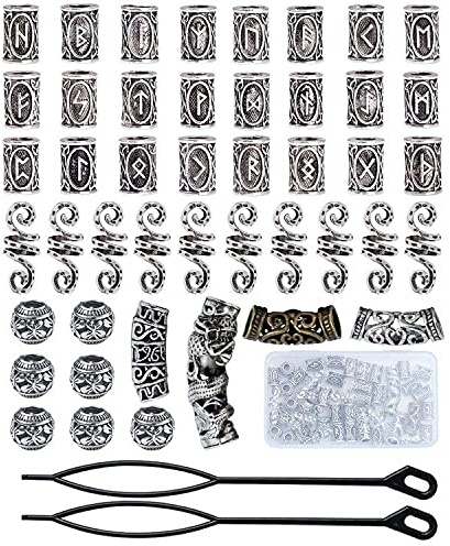 Queta Wikinger Rune Perlen, Nordic Bartperlen, Flechtperlen, Haarperlen, Haarverlängerung Nadel Einfädler Schlaufennadel Microringnadel für Haar Bart Schmuck DIY Halskette Halskette Anhänger