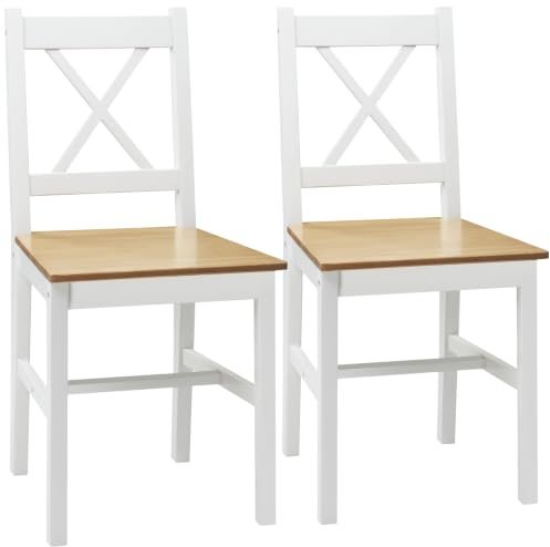 HOMCOM 2er-Set Moderne Esszimmerstühle hohe Rückenlehne, Eiche Weiß | Küchenstühle im Landhausstil, Kieferholzrahmen, für Wohnzimmer, Schlafzimmer, Küche.