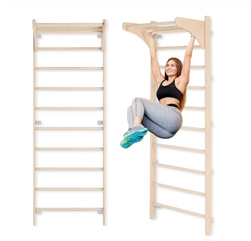 Sprossenwand mit Klimmzugstange für Erwachsene (230 cm), Holz-Kletterwand, Multifunktionales Fitnessgerät, Kletterleiter für Erwachsene & Kinder, 100% ECO, Made in EU