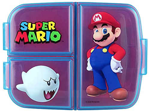 Super Mario Brotdose Kinder - Lunchbox mit 3 Fächern und Clip-Verschlüssen, Bento Snackbox aus Kunststoff - Vesperdose für Kindergarten & Schule, robust und leicht zu reinigen