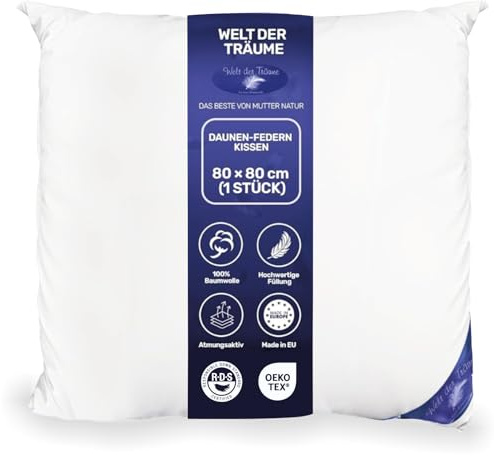 Welt der Träume 1 Stück Daunenkissen | 3 Kammer Kopfkissen | Dreikammerkissen 80x80 cm | Füllgewicht: 1400 Gramm | 100% Baumwollbezug | Federkissen | kein Lebendrupf | weiß