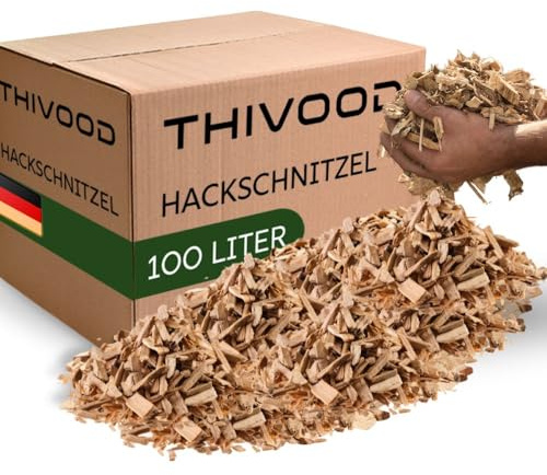 THIVOOD Hackschnitzel 100 Liter für den Garten - Ideal für Hackschnitzelheizung und als Anzünder - trockene Kiefer Holzhackschnitzel - Rindenmulch-Ersatz für Spielplatz, Gartenwege und Beete