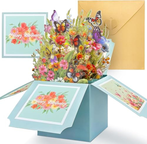 YianHien Schmetterlinge Geburtstagskarte Frau, Exquisite 3D Pop Up Karte Geburtstag Blumen, Besondere Popup Geburtstagskarte für Mama Oma Ehefrau Tochter Freundin Schwestern, Happy Birthday Karte