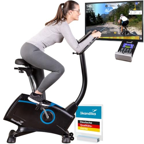 Skandika Ergometer Fahrrad Atlantis | Heimtrainer mit App Steuerung (Kinomap, iConsole), Bluetooth, 10kg Schwungmasse, Puls und Körperfettmessung, 32 Stufen, geräuscharm, Transportrollen | bis 150kg