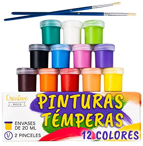 Creative Deco Temperafarben Plakatfarbe Set | 20 ml x 12 Töpfe | Abwaschbare Schule Fingerfarben für Kinder | Tempera Hochpigmentierte | Sicher, Ungiftig | Extra Deckkraft und Mattes Finish