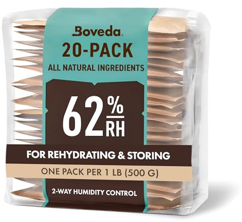 Boveda zur Aufbewahrung von Kräutern | 2-Wege-Feuchtigkeitsregulierung mit 62 % relativer Feuchtigkeit | Größe 67 schützt bis zu 450 g Blüten | verhindert den Verlust von Terpenen, Übertrocknung & Schimmel | wiederverschließbare Verpackung mit 20 Stück