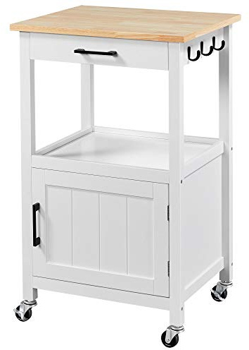 Yaheetech Küchenwagen 55x45x88.7 cm Holz mit Rollen, Weiß | Servierwagen mit Schrank und Ablage, Holz-Arbeitsplatte, Landhausstil, mobil und stabil, vielseitig einsetzbar