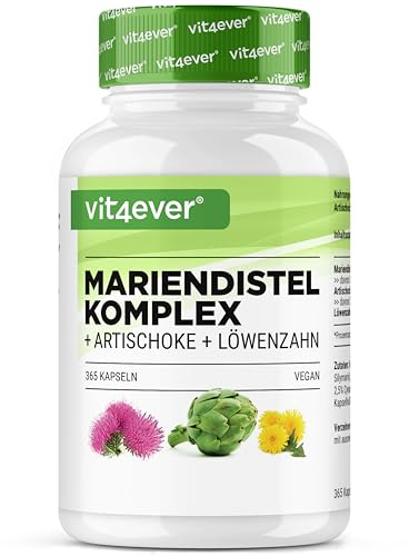 vit4ever Mariendistel Artischocke Löwenzahn Komplex - 365 Kapseln | 80% Silymarin - 2,5% Cynarin - Pflanzenextrakte - 6 Monatsvorrat - Hochdosiert - Vegan - Laborgeprüft