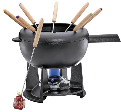 Spring Gusseisen Fondue Set schwarz | Ø 20 cm | mit 8 Fonduegabeln und Spritzschutz | für Käsefondue, Fleischfondue | Rechaud Brenner