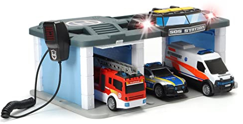 Dickie Toys SOS Rettungsstation mit Polizei, Feuerwehr und Krankenwagen, Station mit Licht & Sound, Mikrofon mit Lautsprecherfunktion, Tore zum Öffnen, inkl. Batterien, 31x22x16 cm, Blue