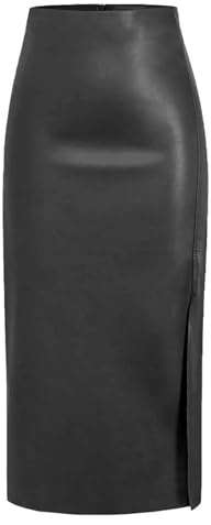 MAOAEAD Damen Langer schwarzer Lederrock mit hohem Schlitz Schlankheits Hohe Taille Kunstleder Midi Rock Sexy A Linie Bodycon Röcke