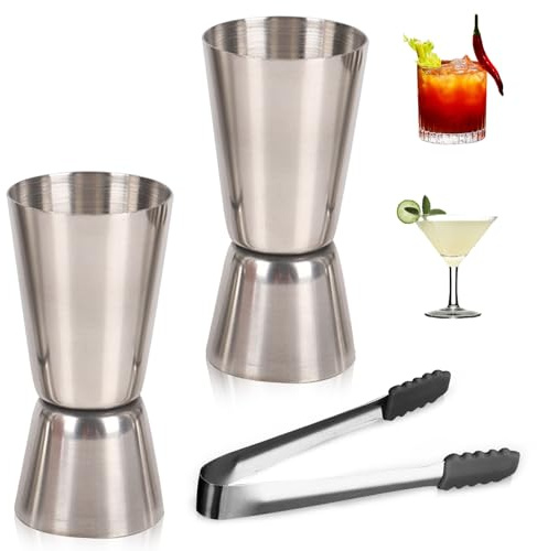 Cocktail Messbecher, 2 Stück Jigger 2cl/4cl mit Eiszange Doppelter Barmaß Edelstahl Spirituosen Messbecher Doppelmaß Bar Cup für Gin Whiske Bar Zubehör