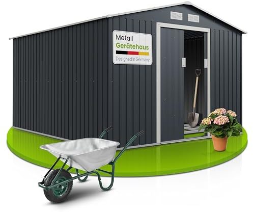 Juskys Gerätehaus Metall 8,9 m² – Geräteschuppen mit Pultdach, Schiebetür & Fundamentrahmen, kleines Gartenhaus als Gartenschrank 277x319x192 cm – Anthrazit