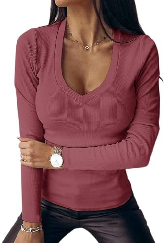Imily Bela Damen Langarmshirt Sexy V Ausschnitt Oberteile Elegant Gerippt Sweatshirt Slim Fit Herbst Shirts