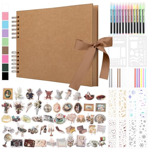 DazSpirit 80 Leere Seiten Fotoalbum zum Selbstgestalten, DIY Scrapbook Fotobuch zum Einkleben, mit 12 Marker & 7-Aufkleber, Gästebuch Ideal für Geburtstag Familie, Hochzeiten, Reisen, Khaki