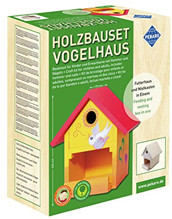Pebaro 466 Holzbauset Bastelset Vogelhaus inkl. 9 unbehandelten Birkenholzplatten, Löcher vorgebohrt, Hammer und Nägeln, Geschenkidee für Hobby, kleine Handwerker und Kinder, Basteln mit Holz