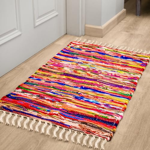 RAJRANG Chindi Patchwork Teppich L-32 X W-20 Recyceltes Gewebter indischer Teppich Mehrfarbiger StreifenTeppich