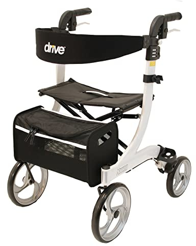 Drive Medical Rollator NITRO in Größe M & Farbe Weiß I für Indoor & Outdoor mit Gepäcknetz, Stockhalter & Ankipphilfe I Gepolsterte Rückenlehne, ergonomische Griffe & kein Montageaufwand
