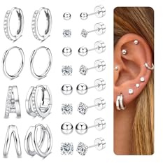 CASSIECA 12 Paar Ohrringe Gold Silber Set, 316L Chirurgenstahl Ohrringe für Damen Herren Medizinische Ohrstecker und Creolen für Mehrfachpiercing 14K Vergoldet Helix Tragus Piercing Ohr Gold Silber
