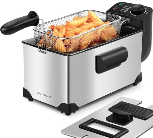 Aigostar Ushas - Fritteuse 3L, 2200 W, Transparenter Deckel, Herausnehmbare Innenpfanne, Einstellbarer Thermostat, Wedelstahl, BPA-frei