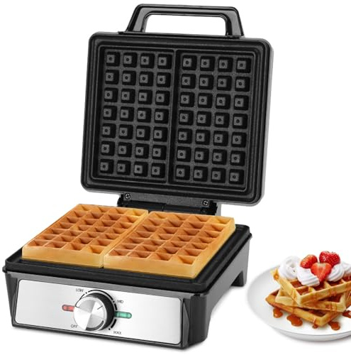Aigostar Waffeleisen für 2 belgische Waffeln, 1600W, Antihaftbeschichtung, 20,2x17,2x2 cm, Waffelautomat mit einstellbarer Temperatur, LED-Anzeige, kompaktes Edelstahl-Design, BPA und PFOA frei