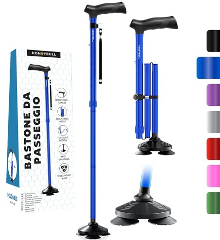 HONEYBULL Selbststehender Gehstock für jedes Gelände – Faltbar, höhenverstellbar, mit ergonomischem Griff & Rutschfester Drehspitze – für Senioren & Erwachsene, Männer & Frauen (Blau)