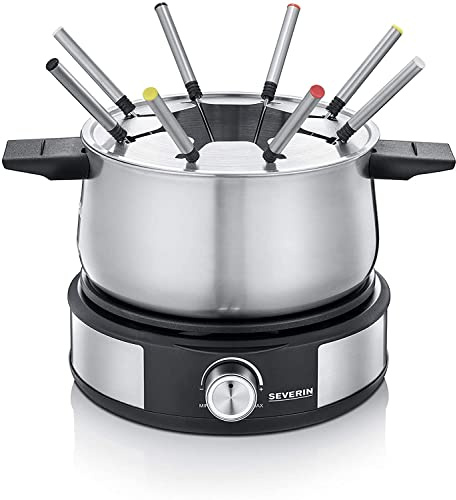 SEVERIN Fondue-Crêpes-Kombination, spülmaschinengeeignetes Fondueset mit 8 farblich markierten Gabeln, Fondue-Crêpes Maker-Kombi aus Edelstahl, schwarz, FO 2471