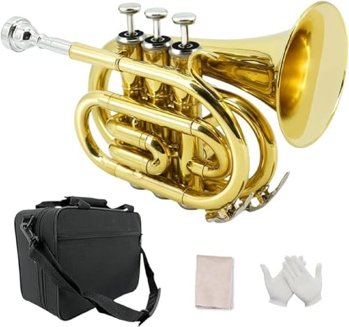 YoungMonic Bb Standard Pocket Trompeten für lackierte Kupfertrompete mit 7 C Mundstück, Hartschalenkoffer Taschentrompete Messing Trompete im Taschenformat