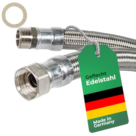H2O-Flex® Panzerschlauch DN19 mit Edelstahlumflechtung, Flexschlauch, 3/4" Innengewinde und 3/4" Außengewinde für Hauswasserwerk, Solar, Heizung, Klima