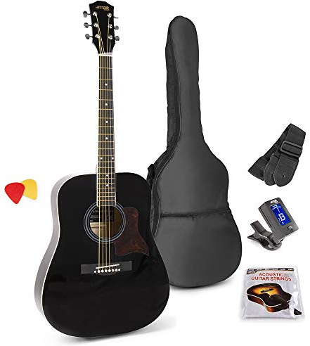MAX SoloJam Westerngitarre, Akustik Gitarre Set, Acoustic Guitar, Akustikgitarre 4/4 mit Tasche, Plektrum, Stimmgerät, Schultergurt und Stahlsaiten, Anfängergitarre in Schwarz