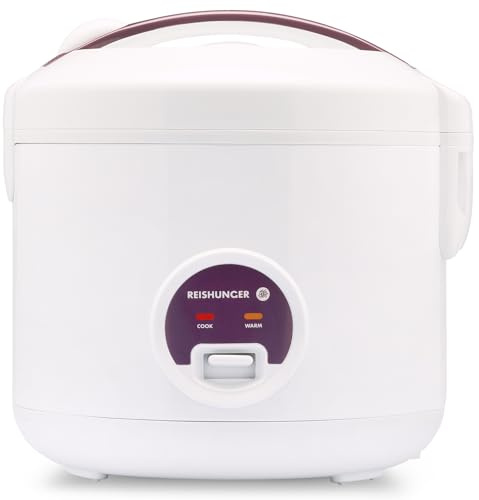 REISHUNGER Reiskocher & Dampfgarer mit Antihaftbeschichtung - Für 1-6 Personen - Schnelle Zubereitung ohne Anbrennen - Mit Warmhaltefunktion inkl. Dämpfeinsatz, Löffel & Messbecher, Weiß