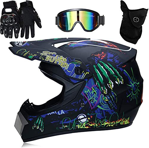 Motocross Helm, Fullface mit Handschuhe Maske Brille, Erwachsener Motorrad Downhill Full Face Helm, Downhill Motorradhelm Kinder ATV Motorradhelm Road Helm